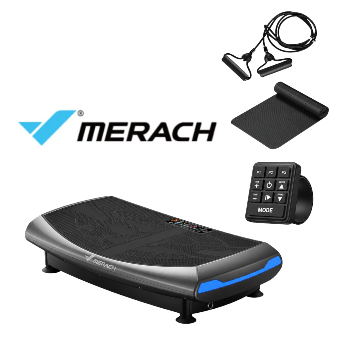 MERACH 4D vibration plate in black and gray with blue accent lighting, wireless remote control, resistance bands, and exercise mat for home fitness, recovery, and full-body vibration training.