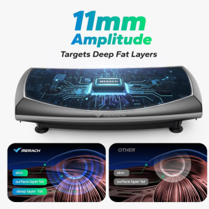 Black, gray, and blue MERACH vibration plate featuring 11mm vibration amplitude technology designed for deep muscle stimulation, circulation support, recovery, and fitness training.