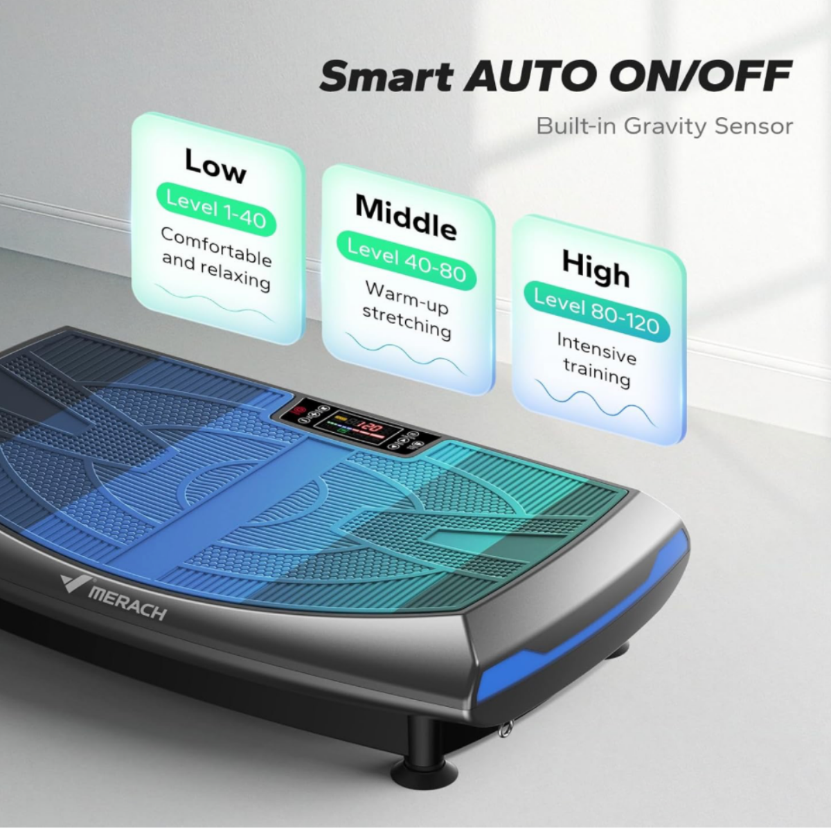 Black and gray MERACH vibration plate with blue accent lighting showcasing smart auto on/off functionality and low, medium, and high vibration intensity settings.
