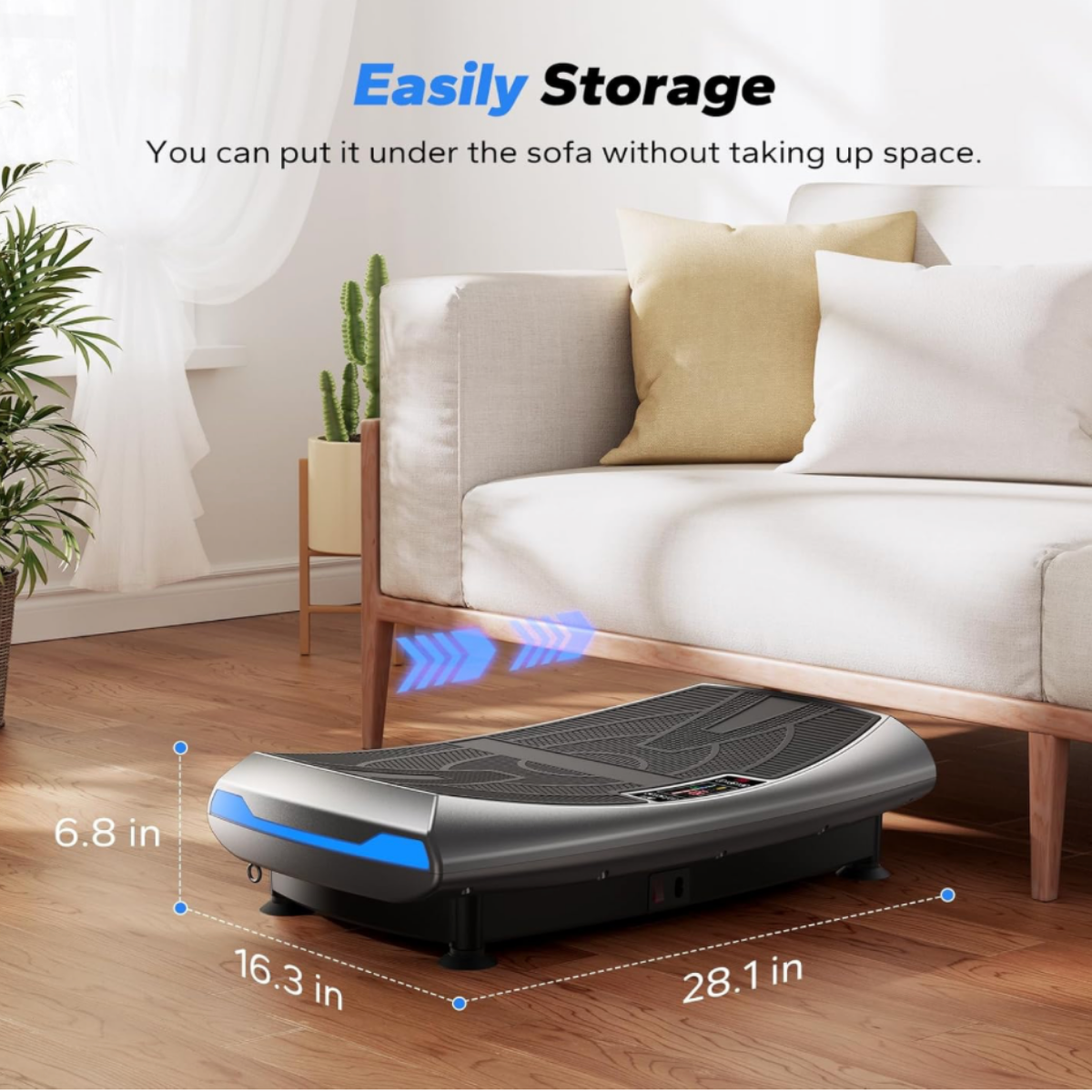 Compact black and gray MERACH vibration plate with blue accent lighting shown stored under a sofa, demonstrating its space-saving design for home gyms, apartments, and fitness rooms.
