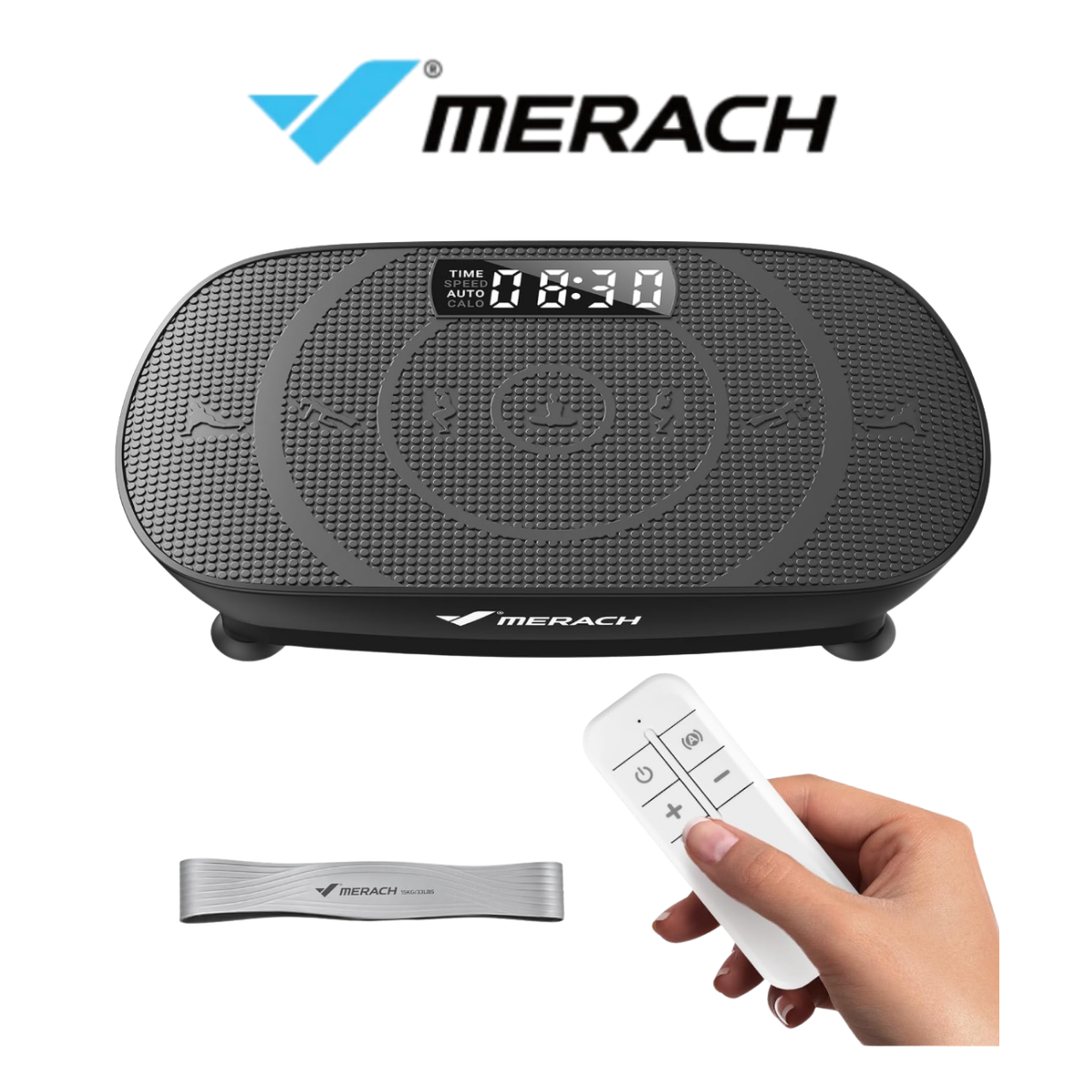 Black and gray MERACH Curved Vibration Plate CV-30 with digital display, white remote control, and gray resistance band designed for full-body vibration training, recovery, and home fitness.