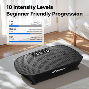 Black and gray MERACH Curved Vibration Plate CV-30 displaying 10 adjustable vibration intensity levels for beginner to advanced fitness, recovery, circulation, and muscle activation training.