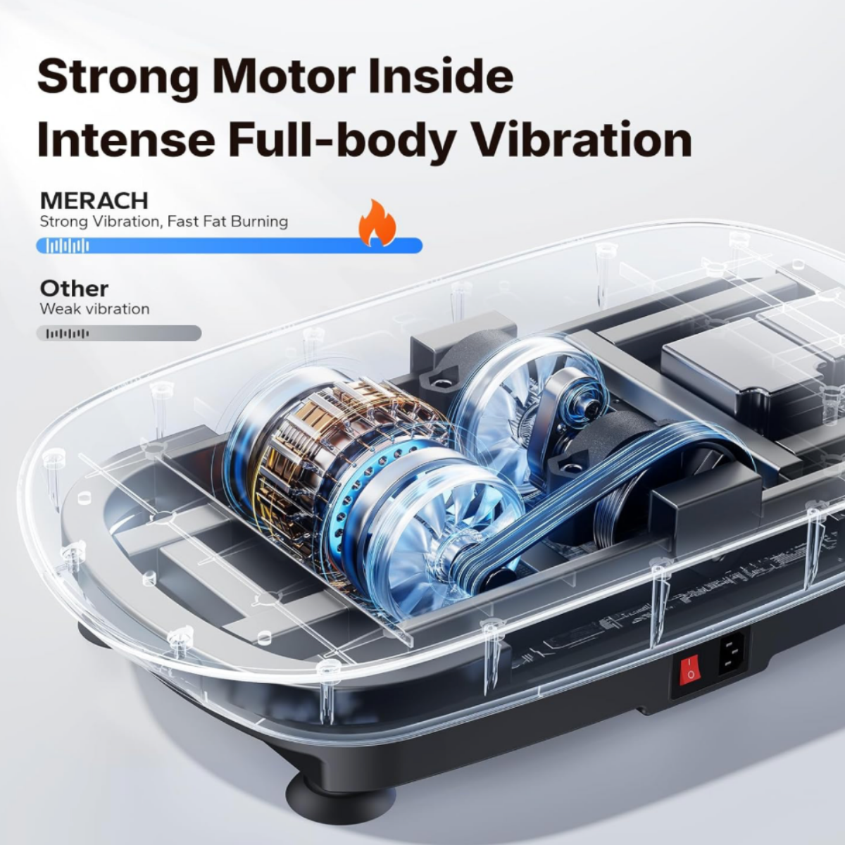 Black and gray MERACH Curved Vibration Plate CV-30 highlighting its high-performance internal motor system engineered for powerful vibration therapy, muscle stimulation, and wellness training.