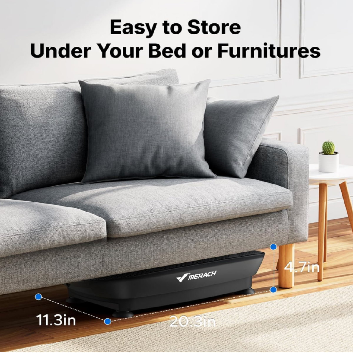 Compact black and gray MERACH Curved Vibration Plate CV-30 stored beneath a sofa, showcasing its space-saving design for home gyms, apartments, and wellness spaces.