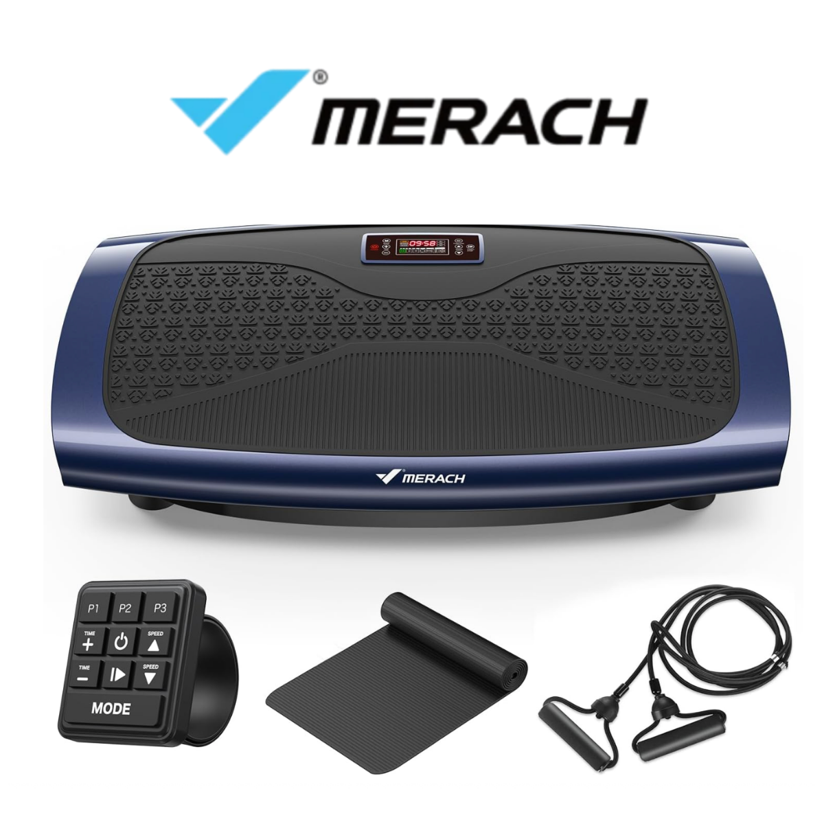 MERACH 4DCV-60 curved vibration plate in dark blue and black with resistance bands, exercise mat, and wireless remote control for full-body vibration training, recovery, and home fitness.