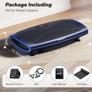 Dark blue and black MERACHCV-60 curved vibration plate with remote control, resistance bands, exercise mat, and compact dimensions highlighted for home fitness and wellness training.