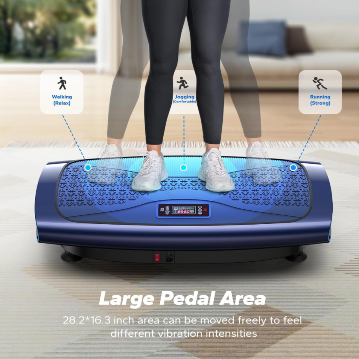 User standing on a dark blue and black MERACH 4D CV-60 curved vibration plate featuring a large foot platform designed for balance training, stability exercises, and full-body vibration workouts.