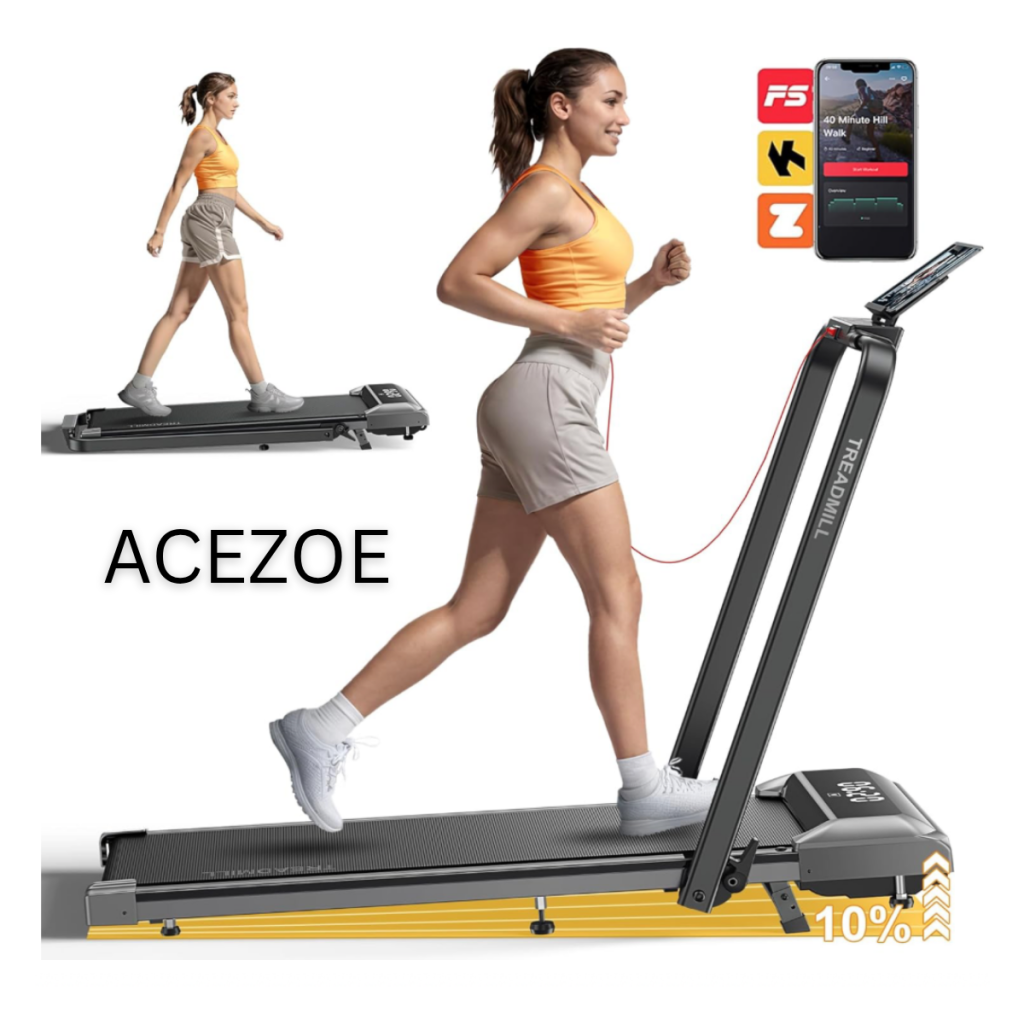 Black Acezoe walking pad treadmill with silver accents and digital display, shown for walking and jogging workouts to support home fitness, cardio training, and weight management.