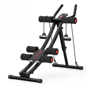 Black and red MERACH Dual-Track Ab Trainer with padded knee supports, ergonomic handlebars, resistance bands, and digital monitor designed for core strengthening, abdominal workouts, and home gym fitness.