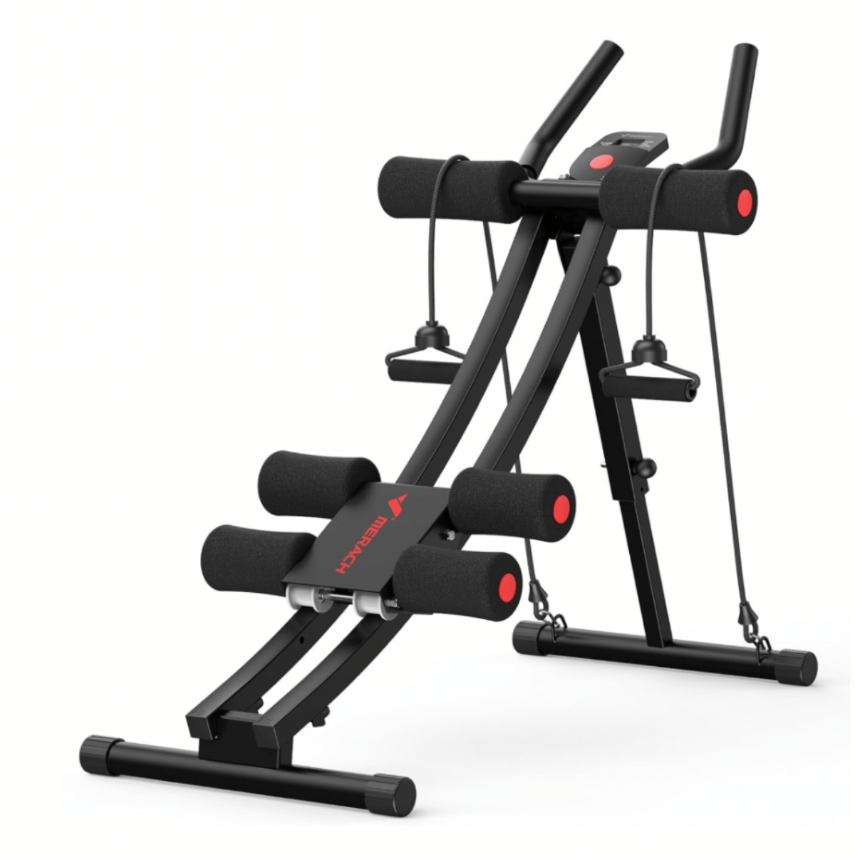 Black and red MERACH Dual-Track Ab Trainer with padded knee supports, ergonomic handlebars, resistance bands, and digital monitor designed for core strengthening, abdominal workouts, and home gym fitness.