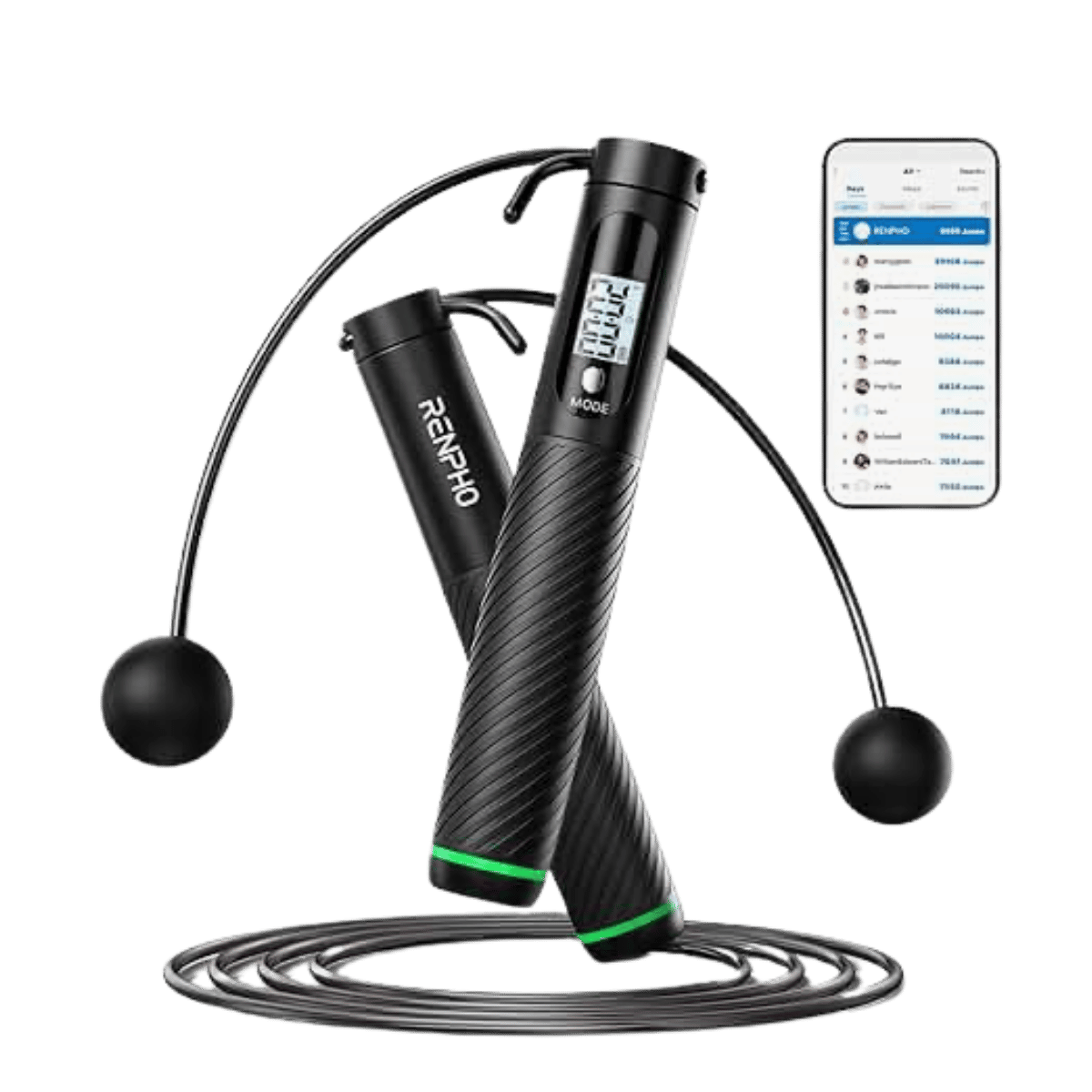 Black RENPHO smart jump rope with green accents, cordless weighted-ball attachments, traditional rope, and smartphone fitness app connectivity for cardio training and workout tracking.