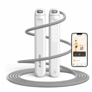 White Wigore digital jump rope with gray rope and smartphone app connection, designed for cardio workouts, fitness tracking, calorie monitoring, and home exercise training.