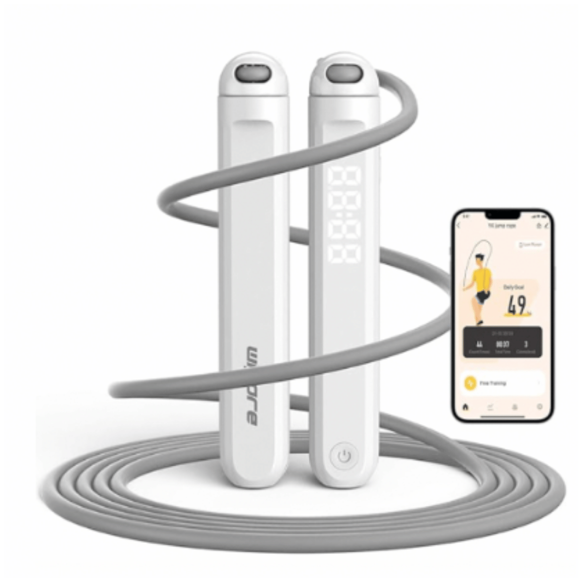 White Wigore digital jump rope with gray rope and smartphone app connection, designed for cardio workouts, fitness tracking, calorie monitoring, and home exercise training.