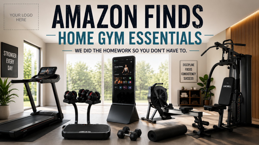 PuraPlace-Pulse-Home-Gym-Essentials-Feature-Image A modern, bright home gym filled with various fitness equipment, featuring a treadmill, adjustable dumbbells on a stand, a smart fitness mirror display, a rowing machine, and a multi-station home gym machine. Large windows fill the background with natural light. Text at the top reads: "AMAZON FINDS: HOME GYM ESSENTIALS."