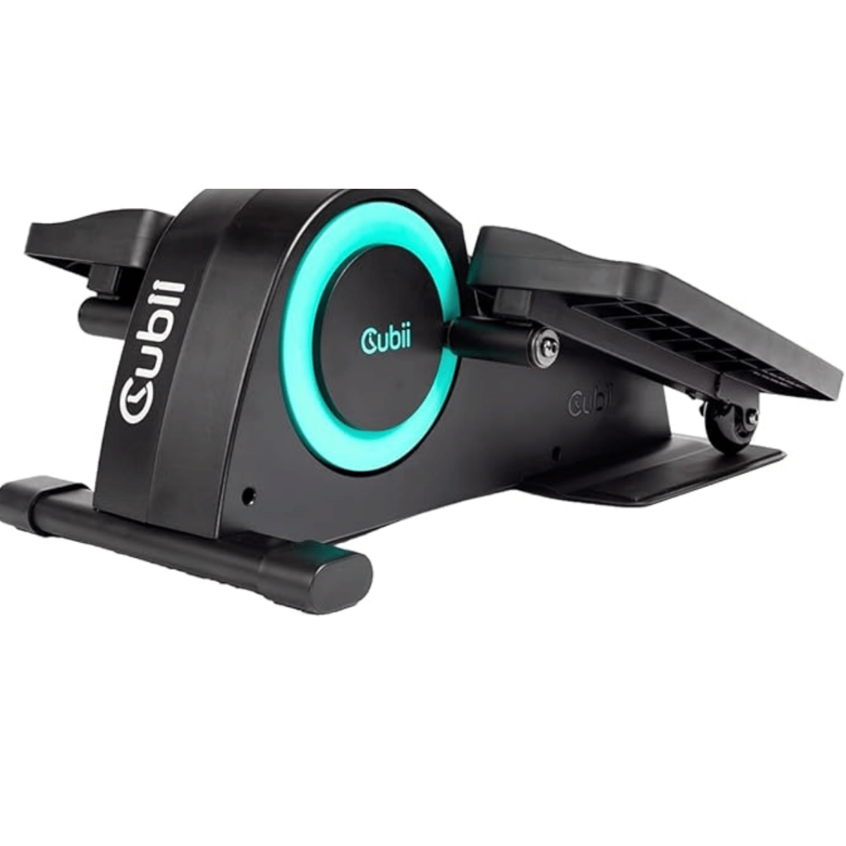 Mini elliptical. Black with tourquis accents, Cubii Mini under desk elliptical with turquoise accent flywheel, compact seated exercise design, and adjustable resistance for low-impact cardio workouts and daily movement.