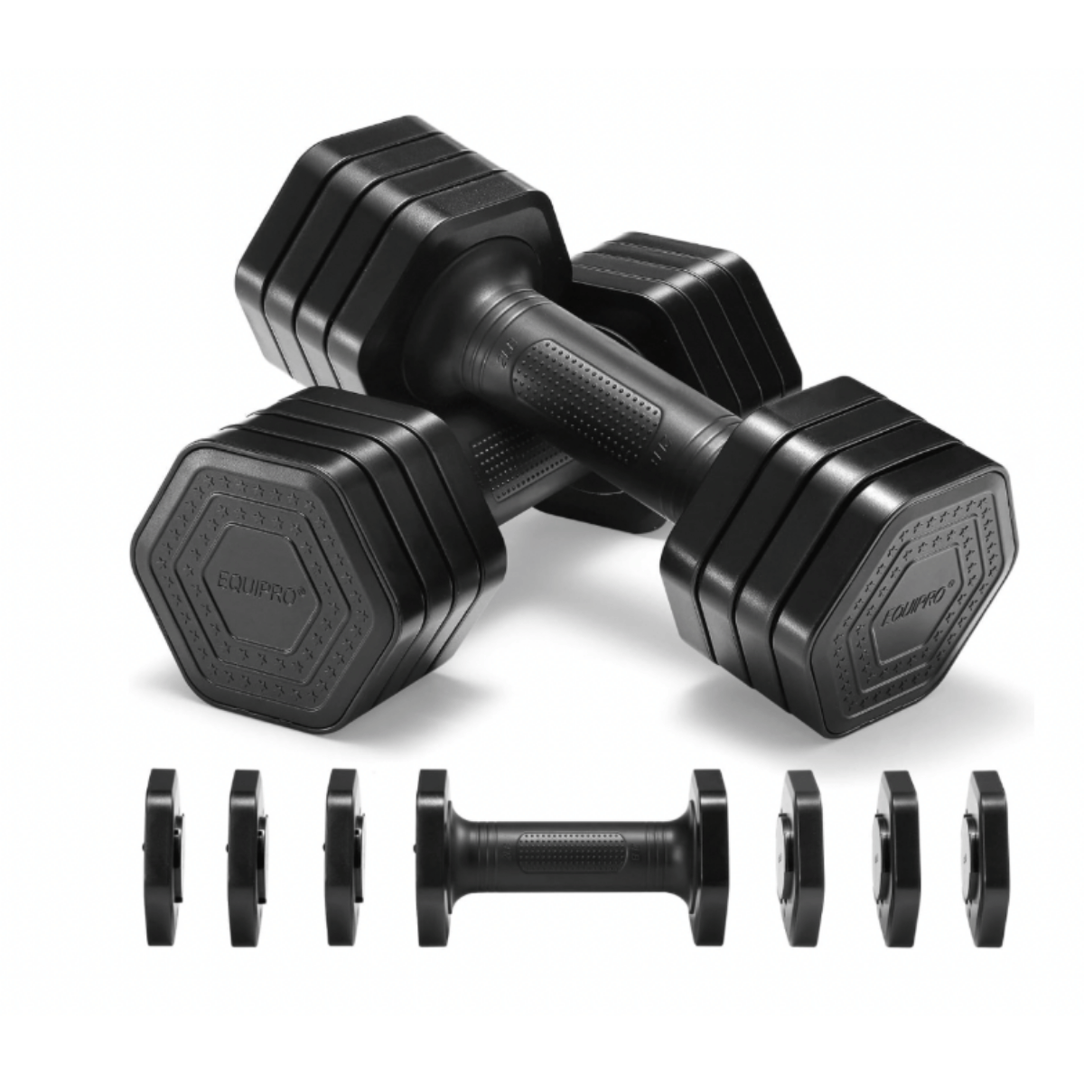 A pair of black adjustable dumbbells stacked on top of each other, displayed with an individual handle and detached weight plate components below on a white background