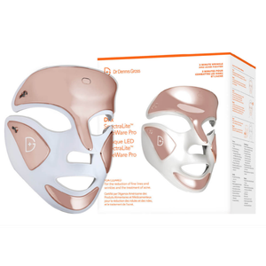 Dr. Dennis Gross DRx SpectraLite FaceWare Pro LED light therapy mask with product packaging for anti-aging and acne treatment.