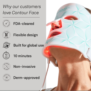 Omnilux Contour Face FDA-cleared LED light therapy mask with flexible silicone design and 10-minute treatment sessions.