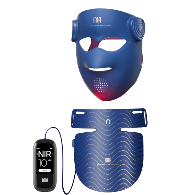 The INIA Glow 4D Face and Neck Mask Pro Kit bundle in matching navy blue, showcasing the flexible silicone wireless LED face mask positioned above the ergonomic neck and chest décolleté light therapy panel, paired with its digital handheld remote control for advanced dual-layer near-infrared anti-aging skin rejuvenatio