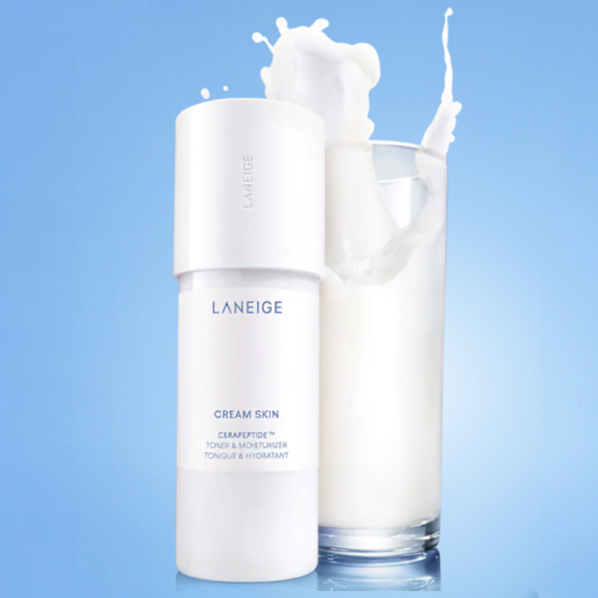 Laneige Cream Skin Toner & Moisturizer bottle displayed beside a glass of milk, highlighting the milky Korean skincare formula designed for deep hydration and glass skin.