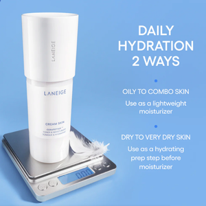 Laneige Cream Skin Toner & Moisturizer promotional graphic showing two ways to use the hydrating toner and moisturizer for daily skincare.