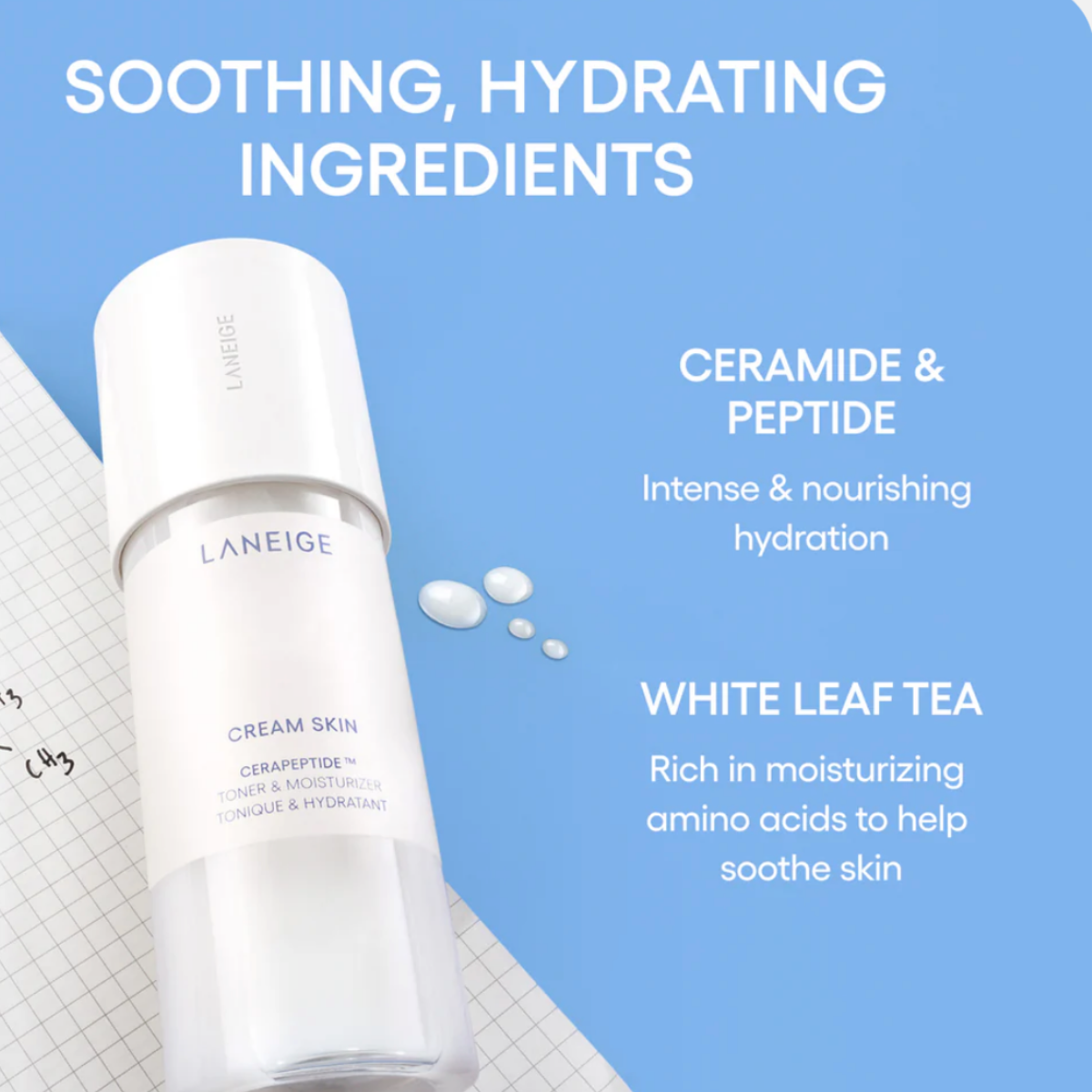 Laneige Cream Skin Toner & Moisturizer ingredient graphic highlighting ceramides, peptides, and white leaf tea for hydration and skin barrier support.