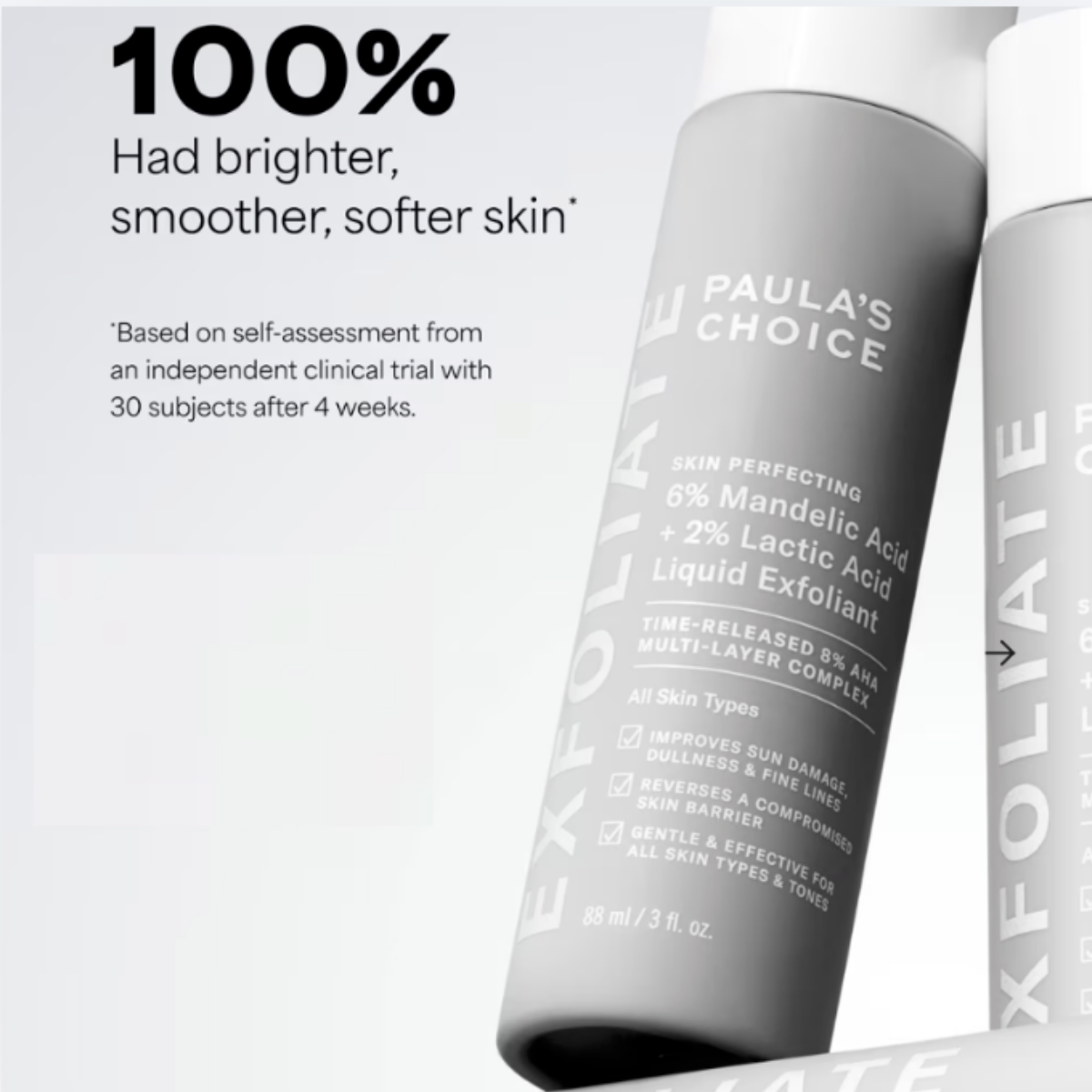 Promotional graphic for Paula’s Choice 6% Mandelic + 2% Lactic Acid Liquid Exfoliant with product bottle and stating 100% had brighter, smoother, softer skin based on consumer perception testing.