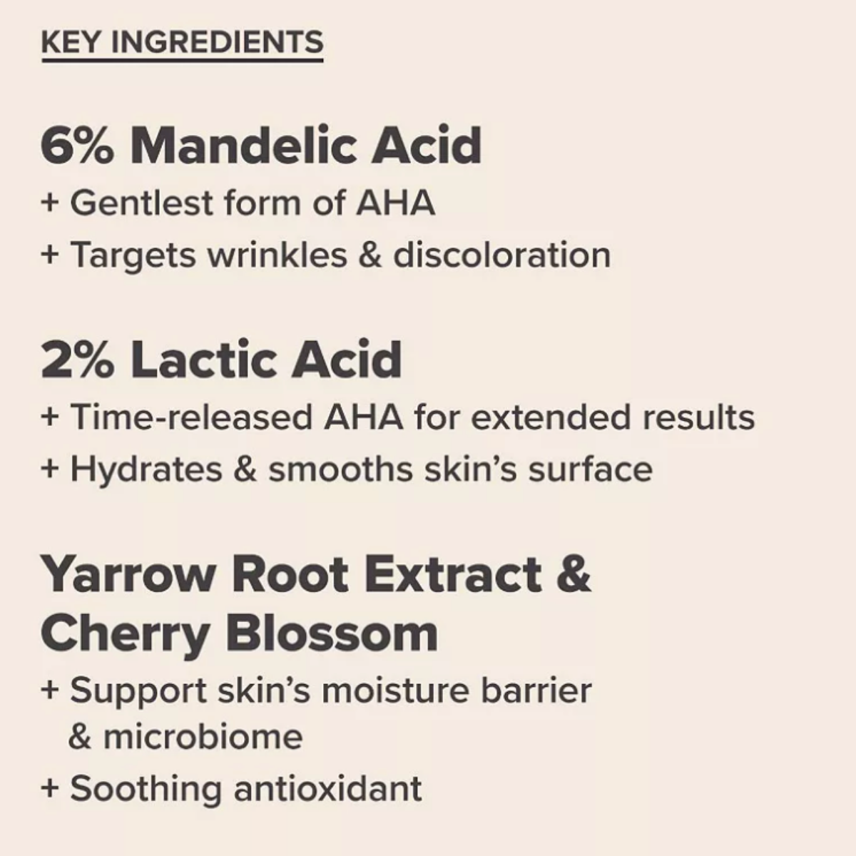 Ingredient graphic for Paula’s Choice 6% Mandelic + 2% Lactic Acid Liquid Exfoliant highlighting mandelic acid, lactic acid, yarrow root extract, and cherry blossom.