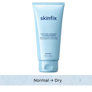 Skinfix Barrier+ Ceramide + Ectoin Gentle Gel Cleanser product graphic showing the cleanser tube with a label indicating it is recommended for normal to dry skin types.
