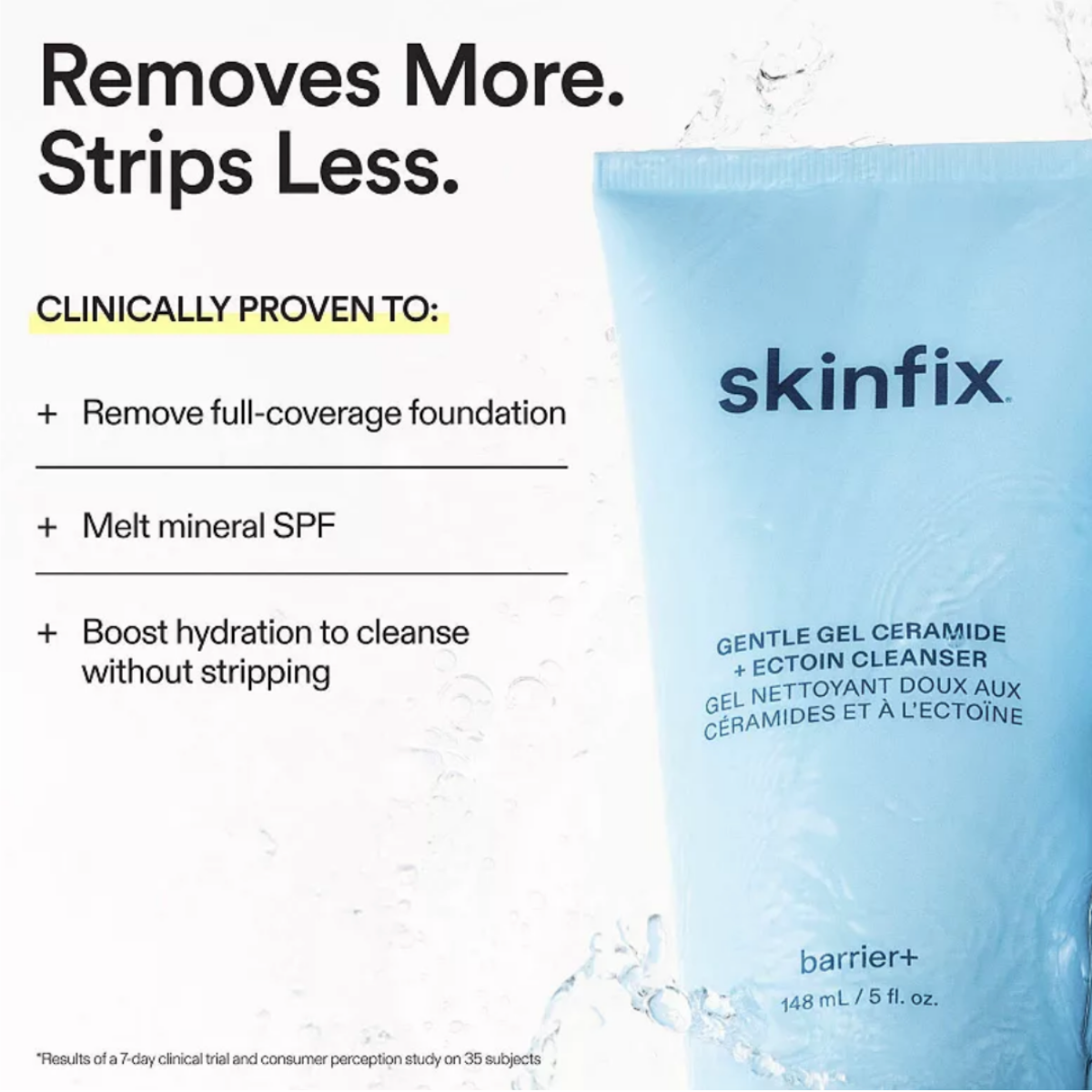 Benefits Graphic Promotional graphic for Skinfix Barrier+ Ceramide + Ectoin Gentle Gel Cleanser describing cleansing benefits, including removal of makeup, sunscreen, dirt, and impurities while helping maintain skin hydration.