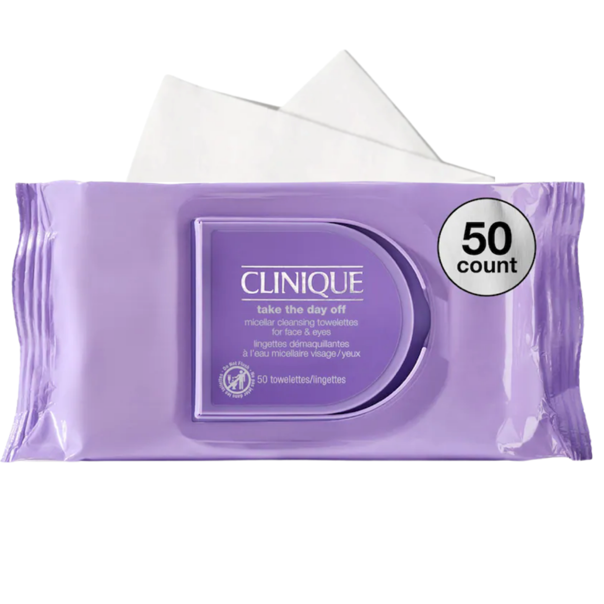 Purple package of Clinique Take The Day Off Micellar Cleansing Towelettes displayed against a light background. The package contains 50 cleansing wipes for removing face