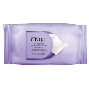 Open package of Clinique Take The Day Off Micellar Cleansing Towelettes with a white cleansing wipe partially pulled from the container.