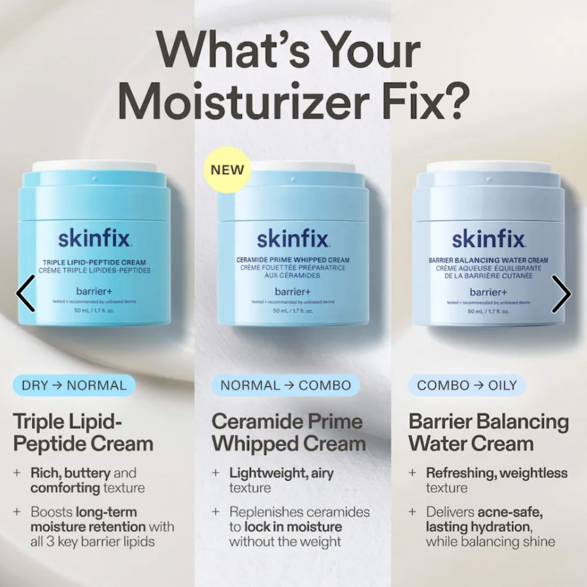 Skinfix moisturizer comparison chart displaying Triple Lipid-Peptide Cream among skincare options for dry, normal, combination, and oily skin types.