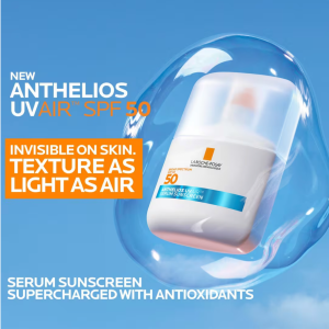 La Roche-Posay Anthelios UVAir SPF 50 Serum Sunscreen displayed against a blue background highlighting invisible finish and lightweight serum texture. 
