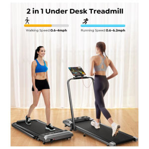 Image Featuring a Black Acezoe 2-in-1 walking pad treadmill with adjustable handrail, designed for both under-desk walking and traditional treadmill workouts in home or office settings.
