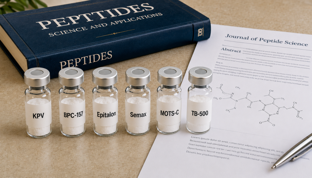 Six peptide vials labeled KPV, BPC-157, Epitalon, Semax, MOTS-C, and TB-500 displayed beside a peptide science textbook and research journal.