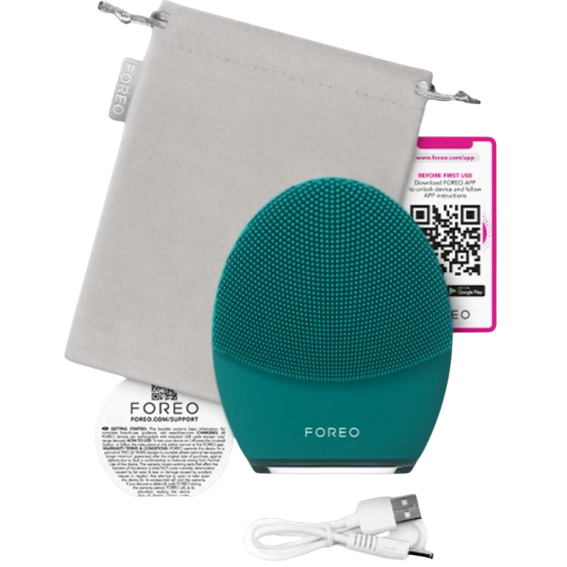The FOREO LUNA 4 MEN smart facial brush in Evergreen, shown with its gray drawstring travel pouch, white USB charging cable, QR code setup guide, and round support card.