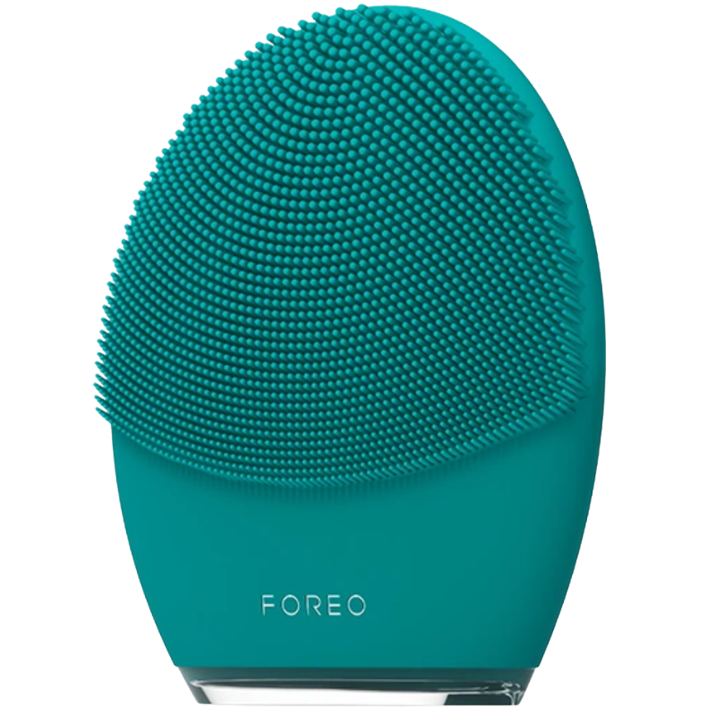 Close-up of the front side of the FOREO LUNA 4 MEN smart facial brush in Evergreen, displaying the dense, ultra-hygienic silicone bristles designed for thicker skin and beards.