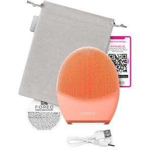 FOREO LUNA 4 smart facial cleansing brush in Peach Perfect for sensitive skin types, shown with its gray travel pouch, white USB charging cable, and setup guide.