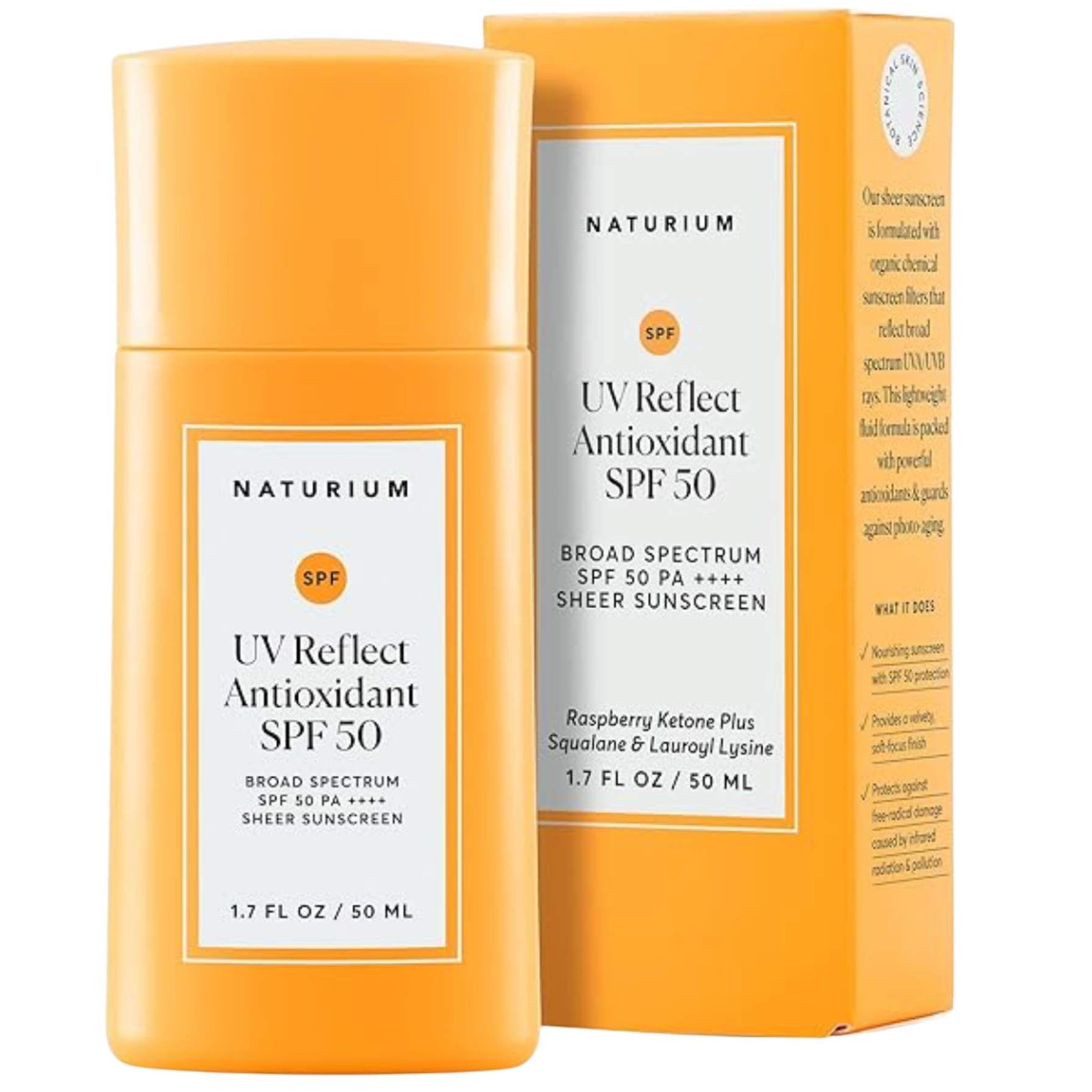 Bottle of Naturium UV Reflect Antioxidant SPF 50 Broad Spectrum Sheer Daily Face Sunscreen lotion against a plain background.