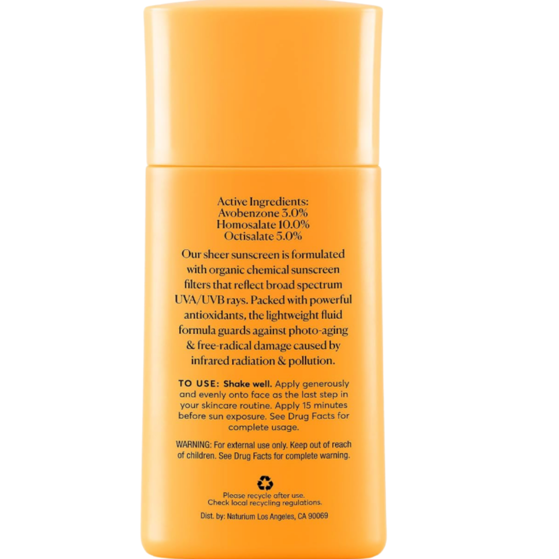 Product shot displaying the back label of the Naturium UV Reflect Antioxidant SPF 50 bottle. The text lists active ingredients Avobenzone 3.0%, Homosalate 10.0%, and Octisalate 5.0%, describes the formula as a sheer organic chemical sunscreen protecting against UVA/UVB rays, and provides directions to shake well and apply 15 minutes before sun exposure.