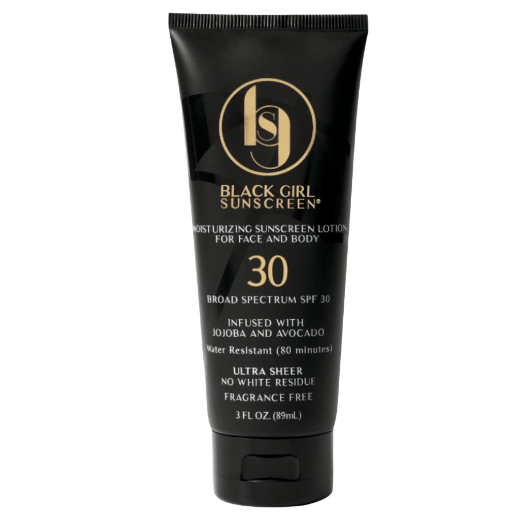 Front view of a sleek, black squeeze tube of Black Girl Sunscreen Moisturizing Sunscreen Lotion for Face and Body, showing gold lettering for Broad Spectrum SPF 30 and its water-resistant formulation.