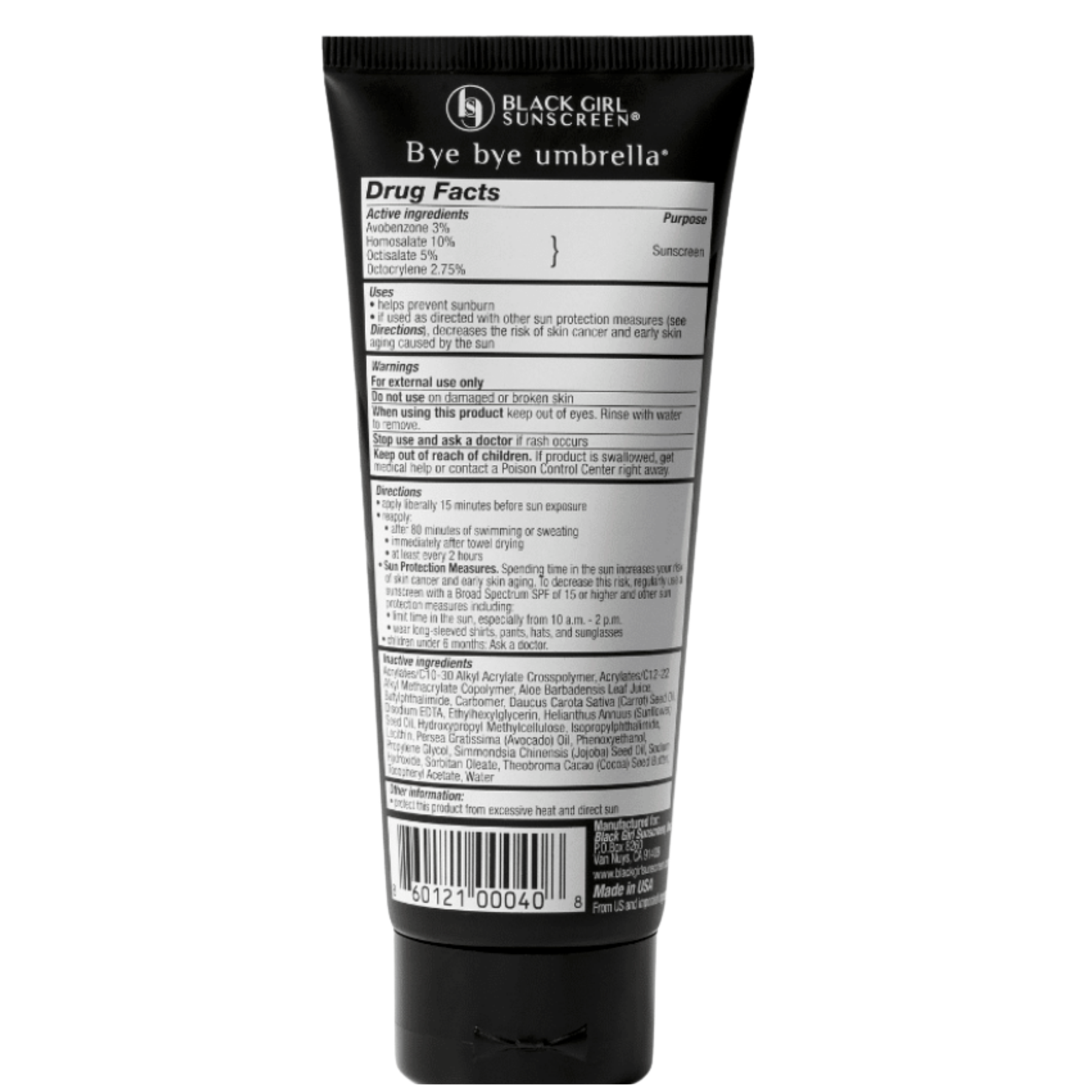 Clean product shot displaying the back panel of a Black Girl Sunscreen SPF 30 tube, clearly detailing its standardized Drug Facts label, active ingredients, instructions, and barcode against a crisp white background.
