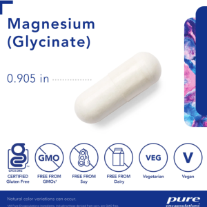A close-up graphic of a white Pure Encapsulations Magnesium Glycinate vegetarian capsule showing a measured length of 0.905 inches. The bottom row displays official certification badges verifying it is Certified Gluten-Free, Non-GMO, Soy-Free, Dairy-Free, Vegetarian, and Vegan.