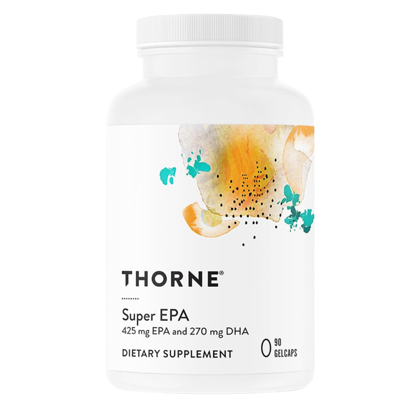A white bottle of Super EPA dietary supplement containing 90 gelcaps. The clean front label features a multi-colored abstract design and text highlighting that it is a gluten-free and dairy-free formula.