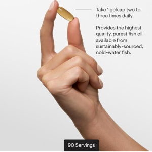 An informational graphic showing a hand holding a single translucent, golden amber gelcap. Text pointers indicate directions to take one gelcap two to three times daily, stating it provides high-quality, pure fish oil from sustainably sourced cold-water fish, with a badge at the bottom indicating ninety servings.