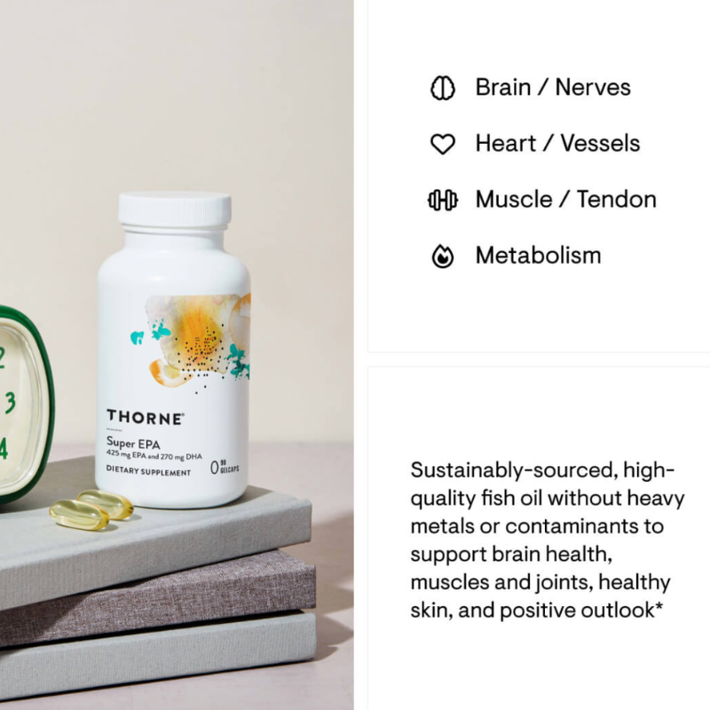 An lifestyle graphic showing a white bottle of Super EPA resting on decorative stone blocks next to loose amber gelcaps. The right panel displays system-support icons for brain and nerves, heart and vessels, muscle and tendon, and metabolism, alongside text noting it is high-quality, sustainably sourced fish oil without heavy metals or contaminants to support brain health, muscles and joints, healthy skin, and a positive outlook.