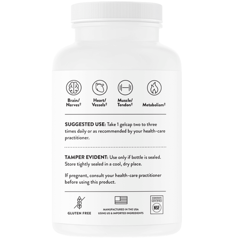 Back label of a white Thorne supplement bottle showing icons for heart and brain health, suggested use directions of 1 gelcap 2–3 times daily, a pregnancy warning, and gluten-free and NSF Certified Sport logos.