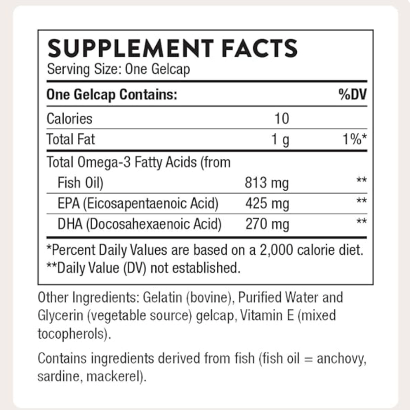 Supplement Facts label for an Omega-3 supplement. One gelcap serving contains 10 calories, 1g total fat, 813mg total Omega-3 fatty acids, 425mg EPA, and 270mg DHA. Contains fish oil from anchovy, sardine, and mackerel.