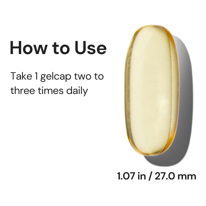 "How to Use" graphic featuring a large, translucent yellow oblong omega-3 gelcap capsule. Text instructs to take 1 gelcap two to three times daily. A measurement note below the capsule indicates a length of 1.07 inches or 27.0 millimeters.